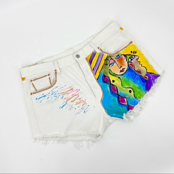 ART THERAPY MUSEO Vintage Levi's 501 High Rise White Unisex Denim Shorts SZ 38 - Picture 4 of 11